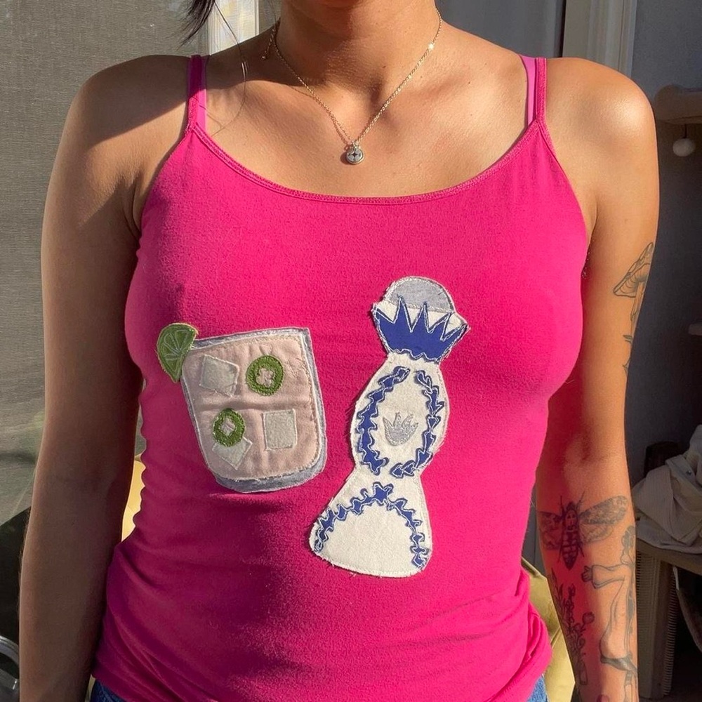 Reworked Pink Tank Top Spicy Margarita Handmade Patches